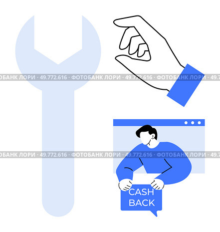 Large wrench a hand gesture and a person holding a cashback sign. Ideal for finance technology e-commerce customer support and tool services. Modern minimal vector style. Financial Management Tools and Cash Back Offers Concept. Стоковая иллюстрация, агентство Ingram Publishing / Фотобанк Лори