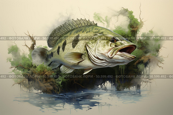 Largemouth bass emerging from swampy waters. Стоковое AI-изображение, AI-художник Иван Рябоконь / Фотобанк Лори