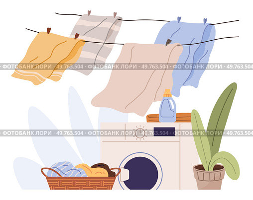 Laundry. Vector illustration. Cleaning heavily soiled clothes requires pre-treatment Proper laundry techniques extend clothing lifespan Sorting laundry by temperature prevents damage Eco-friendly. Laundry. Laundry care labels provide instructions. Neatly folded clothes are easier to store. Стоковая иллюстрация, агентство Ingram Publishing / Фотобанк Лори
