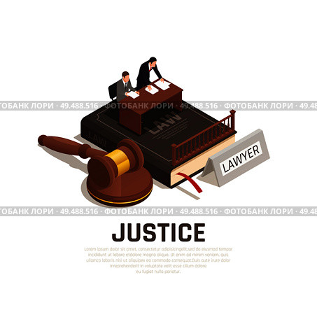 Law justice court proceedings isometric composition on civil code book with defense lawyer defendant mallet vector illustration. Стоковая иллюстрация, агентство Ingram Publishing / Фотобанк Лори