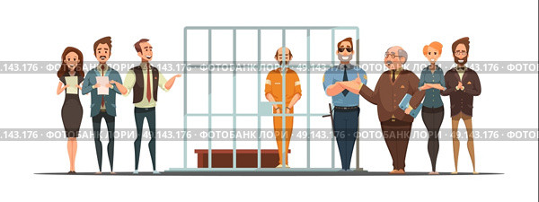Law Justice Sentence  Retro Cartoon POster. Law and justice retro cartoon poster with sentence announcement and convict behind bars white background vector illustration . Стоковая иллюстрация, агентство Ingram Publishing / Фотобанк Лори
