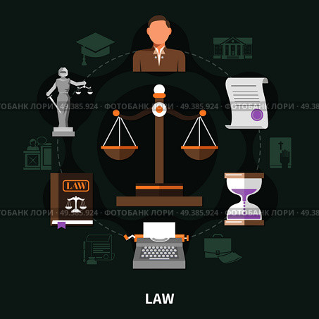Law round composition of isolated legal system vintage style related icons and brief case silhouette pictograms vector illustration. Scale Of Justice Round Composition. Стоковая иллюстрация, агентство Ingram Publishing / Фотобанк Лори