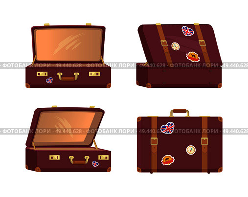 Leather vintage suitcases set open and closed briefcases, decorative nostalgia memories about Great Britain and Egypt, retro clock vector illustrations. Leather Vintage Suitcases Open Closed Briefcases. Стоковая иллюстрация, агентство Ingram Publishing / Фотобанк Лори