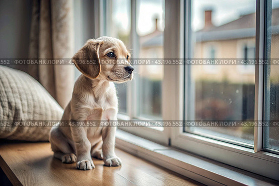 Leaving the animal alone at home. A sad little puppy looks out the window and waits for its owner. Стоковое AI-изображение, AI-художник Photojuli / Фотобанк Лори