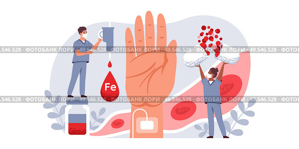 Лечение железодефицитной анемии. Врачи, медперсонал лечат анемию. Капли, таблетки, лекарства для повышения уровня железа в организме человека. Здоровье и медицина. Векторная иллюстрация. Стоковая иллюстрация, иллюстратор Екатерина Салова / Фотобанк Лори