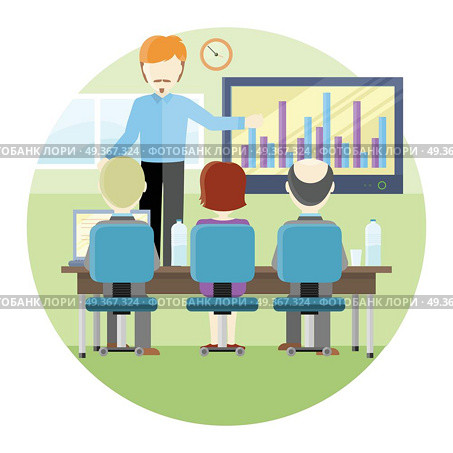 Lecturer Making a Presentation Near Whiteboard. Lecturerin in blue shirt and black pants making a presentation near interactive whiteboard with infographics. Business seminar. Board at a presentation with information, scheme, diagram. Стоковая иллюстрация, агентство Ingram Publishing / Фотобанк Лори