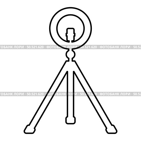 Led ring lamp on tripod with smartphone for phone studio photo light podcast concept equipment for streaming video contour outline line icon black color vector illustration image thin flat style simple. Led ring lamp on tripod with smartphone for phone studio photo light podcast concept equipment for streaming video contour outline line icon black color vector illustration image thin flat style. Стоковая иллюстрация, агентство Ingram Publishing / Фотобанк Лори
