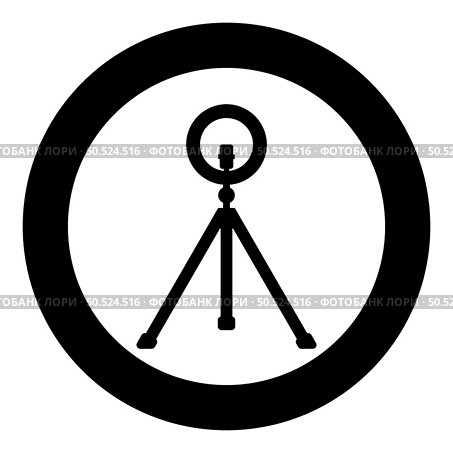 Led ring lamp on tripod with smartphone for phone studio photo light podcast concept equipment for streaming video icon in circle round black color vector illustration image solid outline style simple. Led ring lamp on tripod with smartphone for phone studio photo light podcast concept equipment for streaming video icon in circle round black color vector illustration image solid outline style. Стоковая иллюстрация, агентство Ingram Publishing / Фотобанк Лори