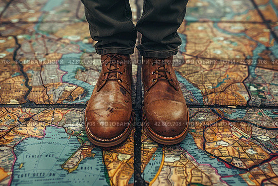 Legs of a man in stylish brown leather lace-up shoes standing on a surface covered with a large map. The map appears to be ancient, with images of lands, bodies of water and names in Latin, done in a traditional style. Стоковое AI-изображение, AI-художник Анна Кривицкая / Фотобанк Лори