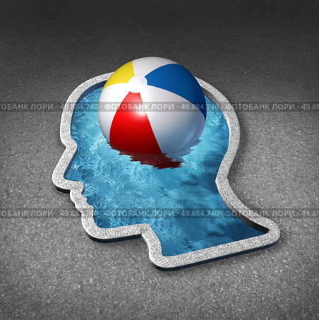 Leisure thinking concept and mental relaxation symbol as a swimming pool shaped as a human face with a beach ball representing the brain as a metaphor for planning a vacation or taking a break to manage stress with fun and relaxing activities. Стоковое фото, агентство Ingram Publishing / Фотобанк Лори