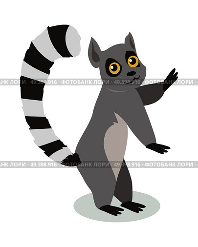 Lemur cartoon character. Lemur with big striped tail flat vector isolated on white. Madagascar fauna. Cute lemur icon. Wild animal illustration for zoo ad, nature concept, children book illustrating. Стоковая иллюстрация, агентство Ingram Publishing / Фотобанк Лори