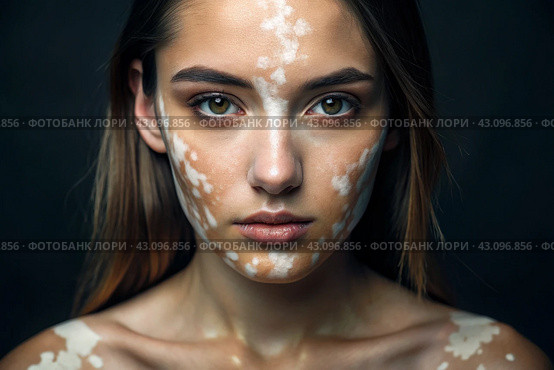 Leukoderma. Vitiligo. Violation of skin pigmentation. Large white spots all over the body and face. Portrait of a beautiful girl with a skin disease. Стоковое AI-изображение, AI-художник Photojuli / Фотобанк Лори