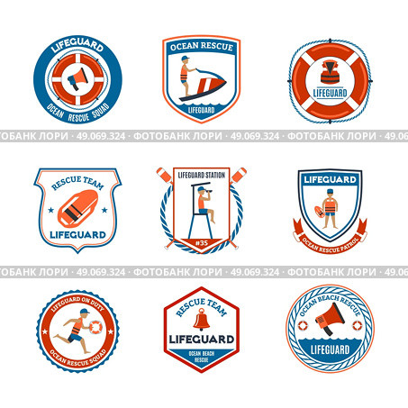 Lifeguard Emblems Set. Beach lifeguard patrol emblems set with ocean rescue symbols flat isolated vector illustration . Стоковая иллюстрация, агентство Ingram Publishing / Фотобанк Лори