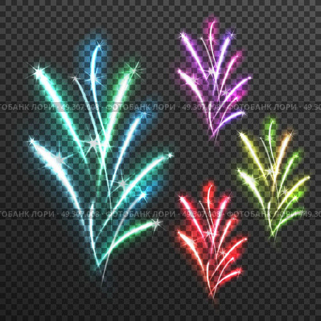 Light Effects Fireworks Transparent Composition. Light effects fireworks transparent composition icon set with splashes stars and sparkles vector illustration. Стоковая иллюстрация, агентство Ingram Publishing / Фотобанк Лори
