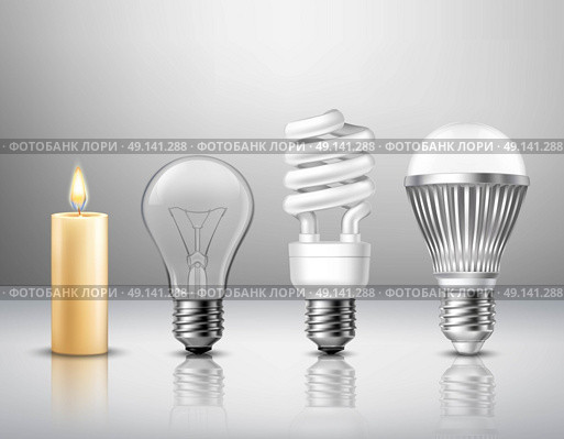Light Evolution Concept. Realistic light evolution concept from candle to modern led bulb on glassy surface isolated vector illustration. Стоковая иллюстрация, агентство Ingram Publishing / Фотобанк Лори