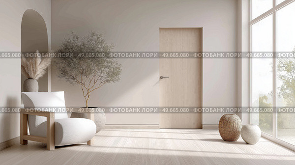 Light wooden door in Scandinavian interior, soft beige palette, clean flat surface. Светлая деревянная дверь в скандинавском интерьере, мягкая бежевая палитра, чистая ровная поверхность. Стоковое AI-изображение, AI-художник Katsiaryna Repich / Фотобанк Лори