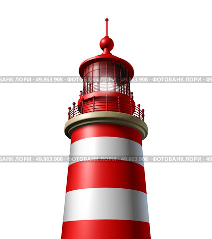 Lighthouse close up on a white background as a beacon of hope and strategic guidance symbol from the high tower for security and clear direction assistance in planning a journey or business strategy. Стоковое фото, агентство Ingram Publishing / Фотобанк Лори