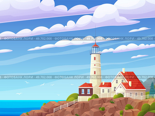 Lighthouse on sea coast. Summer landscape of ocean beach with beacon on cliff. Scenery of nature with sea and building. Lighthouse on bank, rocks and plants. Scenic landscape, view of beacon. Summer landscape of ocean beach with beacon on cliff. Beautiful scenery of sea with lighthouse. Стоковая иллюстрация, агентство Ingram Publishing / Фотобанк Лори