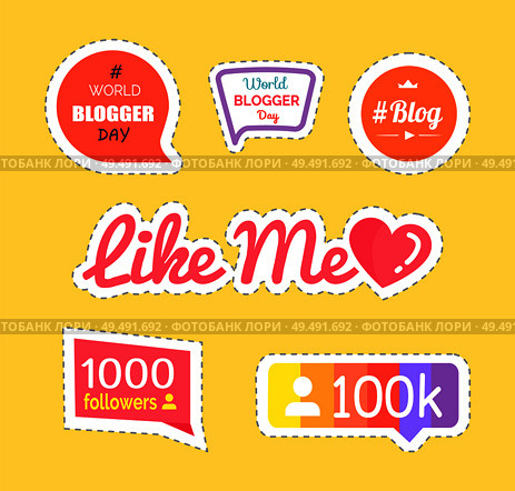 Like me and followers number, info set of stickers vector. Bloggings and world blogger day patch. Hashtag and profiles with heart like and popularity. Like Me and Followers, Information Set Vector. Стоковая иллюстрация, агентство Ingram Publishing / Фотобанк Лори