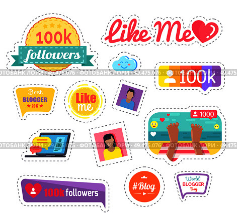 Like me social networks button, laptop stickers set vector. Photo of feet of blogger, profile with hearts and number of followers. Virtual popularity. Like Me Social Networks Laptop Sticker Vector. Стоковая иллюстрация, агентство Ingram Publishing / Фотобанк Лори