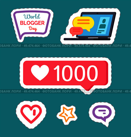 Like numbers and stickers, star heart, screen of laptop with chatting boxes communication profile of user. Set of patches with thought bubble vector. Like Numbers and Stickers Star Heart Set Vector. Стоковая иллюстрация, агентство Ingram Publishing / Фотобанк Лори