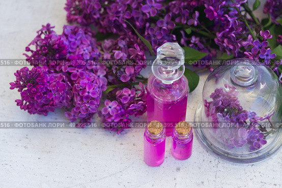 Lilac essence in glass vials and rwig with fresh lilac flowers. Lilac essence vials. Стоковое фото, агентство Ingram Publishing / Фотобанк Лори