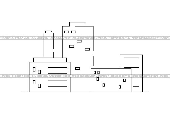 Line drawing of a cityscape, showcasing several rectangular buildings with windows and doors. Illustration uses simple geometric shapes to depict modern urban architecture in a clean, abstract style. Minimalist cityscape line drawing with simple geometric shapes representing modern urban architecture. Стоковая иллюстрация, агентство Ingram Publishing / Фотобанк Лори