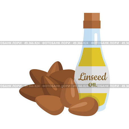 Linseed Oil Vector Illustration in Flat Design.. Linseed oil and flax seeds vector. Flat design. Healthy food, diet and cosmetic products. Seasoning. Culinary ingredient, source of protein, vitamins, fatty acids. Isolated on white background.. Linseed Oil Vector Illustration in Flat Design. Стоковая иллюстрация, агентство Ingram Publishing / Фотобанк Лори