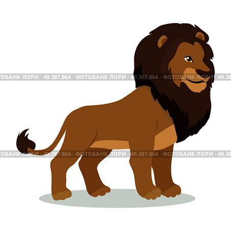 Lion cartoon character. Adult lion male flat vector isolated on white background. African fauna. Lion with mane icon. Wild animal illustration for zoo ad, nature concept, children book illustrating. Lion Cartoon Icon in Flat Style Design. Стоковая иллюстрация, агентство Ingram Publishing / Фотобанк Лори