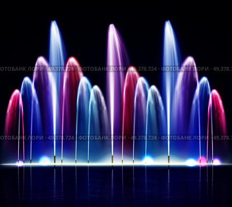 Lit night colorful fountain from water jets of various size on dark background realistic vector illustration. Lit Night Colorful Fountain Realistic Illustration. Стоковая иллюстрация, агентство Ingram Publishing / Фотобанк Лори