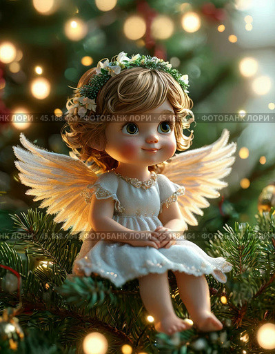 Little angel on a Christmas tree. Christmas Eve is the day before the Nativity of Christ. Christmas Eve falls on January 6 (December 24). Christmas card. Стоковое AI-изображение, AI-художник Сергей Елизарьев / Фотобанк Лори