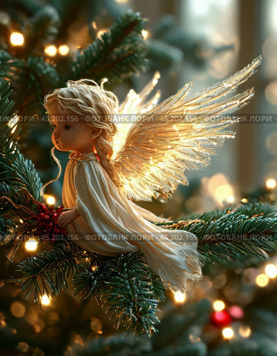 Little angel on a Christmas tree. Christmas Eve is the day before the Nativity of Christ. Christmas Eve falls on January 6 (December 24). Christmas card. Стоковое AI-изображение, AI-художник Сергей Елизарьев / Фотобанк Лори