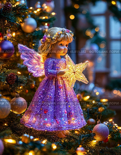Little angel with a star near the Christmas tree. Christmas Eve is the day before the birth of Christ. Christmas Eve falls on January 6 (December 24). Christmas card. Стоковое AI-изображение, AI-художник Сергей Елизарьев / Фотобанк Лори