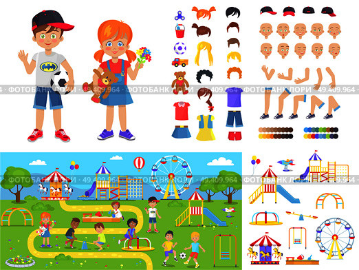 Little children and summer playground constructors with full landscape and separate parts of colorful swings and childrens parts vector illustrations.. Little Children and Summer Playground Constructors. Стоковая иллюстрация, агентство Ingram Publishing / Фотобанк Лори