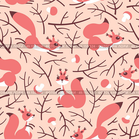 Little cute squirrels in the fall forest. Seamless autumn pattern for gift wrapping, wallpaper, childrens room or clothing.. Little cute squirrels in the fall forest. Seamless autumn pattern for gift wrapping, wallpaper, childrens room or clothing. Vector illustration. Стоковая иллюстрация, агентство Ingram Publishing / Фотобанк Лори