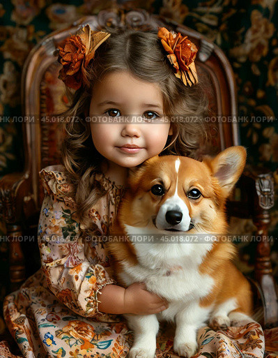 Little girl with a Pembroke Welsh Corgi. Стоковое AI-изображение, AI-художник Сергей Елизарьев / Фотобанк Лори