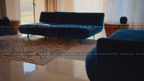 Living room with a blue couch and a rug. Стоковое AI-видео, аниматор Sergey Grishin / Фотобанк Лори