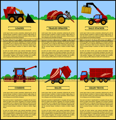 Loader and combine posters set with text. Bale stacker and baler with compressed hay. Grain truck and trailed sprayer. Agricultural machinery vector. Loader and Combine Posters Set Vector Illustration. Стоковая иллюстрация, агентство Ingram Publishing / Фотобанк Лори