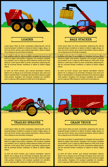 Loader and trailed sprayer posters. Baler bale stacker compression hay, dry grass and grain truck with trailer and harvest. Harvester machine vector. Loader and Trailed Sprayer Set Vector Illustration. Стоковая иллюстрация, агентство Ingram Publishing / Фотобанк Лори