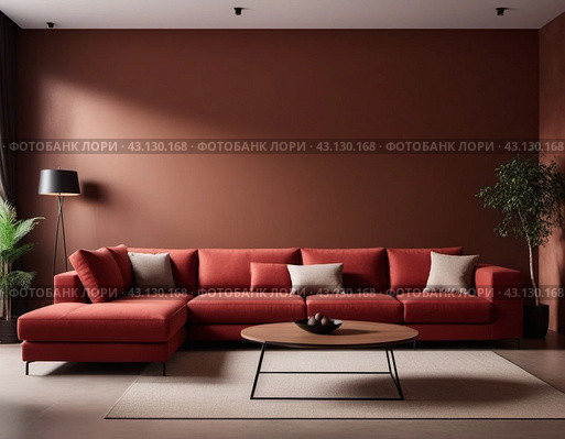 Loft living room design. Red modular corner sofa against brown stucco wall with copy space. Loft interior design of modern living room or home. Beige carpet. Side window without curtains. Generated AI. Стоковое AI-изображение, AI-художник Юлия Петровская / Фотобанк Лори