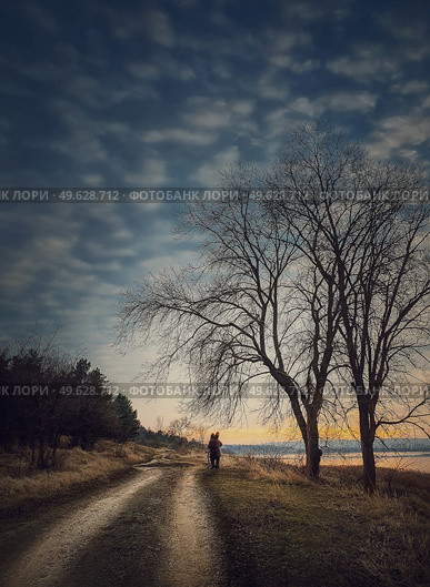 Lonely nomad person walking a country road. Moody and calm evening scene. Wanderer silhouette on trail. Cold season idyllic rural landscape with leafless trees and dry grass. Стоковое фото, агентство Ingram Publishing / Фотобанк Лори