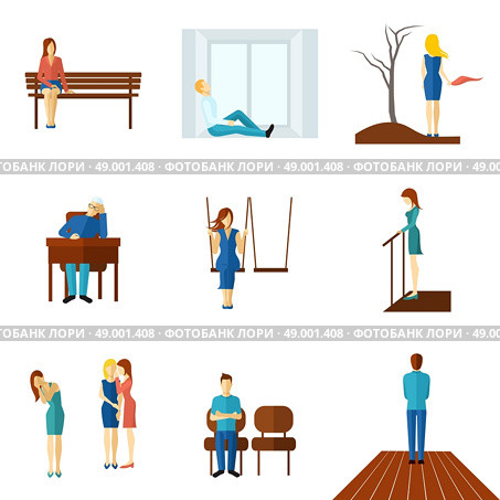 Lonely People Flat Icon Set. Lonely and unhappy people young and old man and woman flat color icon set isolated vector illustration. Стоковая иллюстрация, агентство Ingram Publishing / Фотобанк Лори