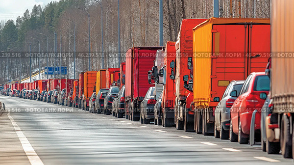 Long line of trucks and cars along highway in rural area during winter. Стоковое AI-изображение, AI-художник Olga Didraga / Фотобанк Лори