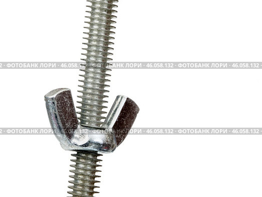 Long metal screw and a U-shaped nut isolated on a white background. Стоковое фото, фотограф Елена  Попкова / Фотобанк Лори