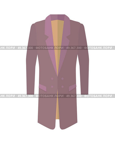 Long topcoat with lapel icon. Warm mans everyday clothing in classic style flat vector illustration isolated on white background. For clothing store ad, fashion concept, app button, web design. Long Coat Flat Style Vector Illustration. Long Coat Flat Style Vector Illustration. Стоковая иллюстрация, агентство Ingram Publishing / Фотобанк Лори