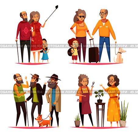 Longevity 2x2 design concept with elderly people leading an active lifestyle cartoon vector illustration. Longevity 2x2 Design Concept. Стоковая иллюстрация, агентство Ingram Publishing / Фотобанк Лори