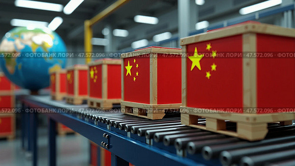 Lots of boxes with Chinese goods on conveyor belt on globe background. Concept: Chinese products on the world market.  AI generative. Стоковое AI-изображение, AI-художник Роман Дзюбало / Фотобанк Лори