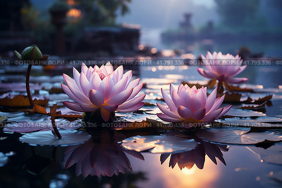 Lotuses on the lake, purple evening sunset light  Generative AI. Стоковое AI-изображение, AI-художник Анна Кривицкая / Фотобанк Лори