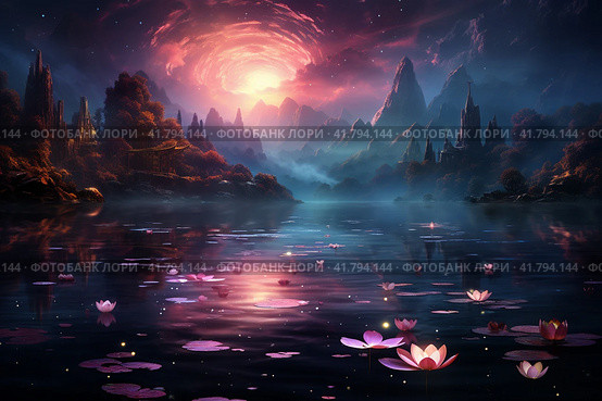 Lotuses on the lake, purple evening sunset light  Generative AI. Стоковое AI-изображение, AI-художник Анна Кривицкая / Фотобанк Лори