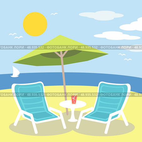 Lounge chairs on the ocean or sea beach vector illustration. Стоковая иллюстрация, агентство Ingram Publishing / Фотобанк Лори